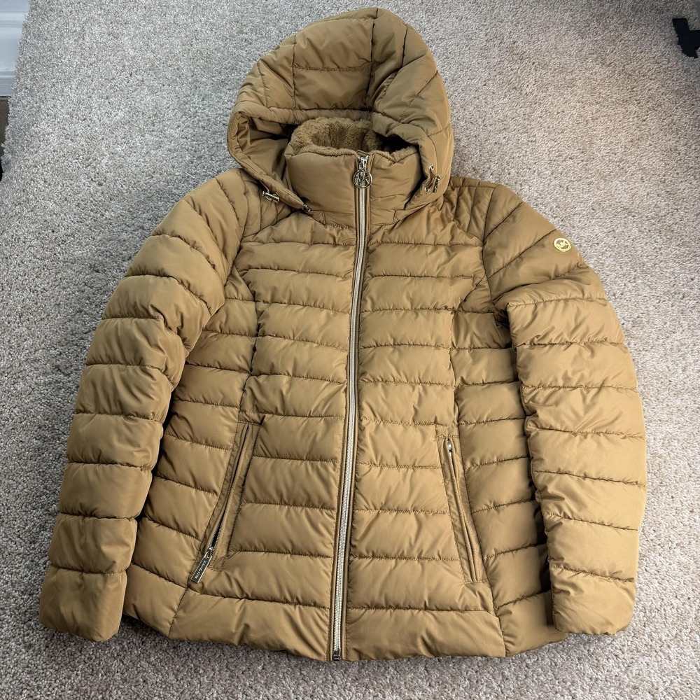 MICHAEL Michael Kors Jacket Womens Small Brown Packable Puffer Hooded Faux Fur